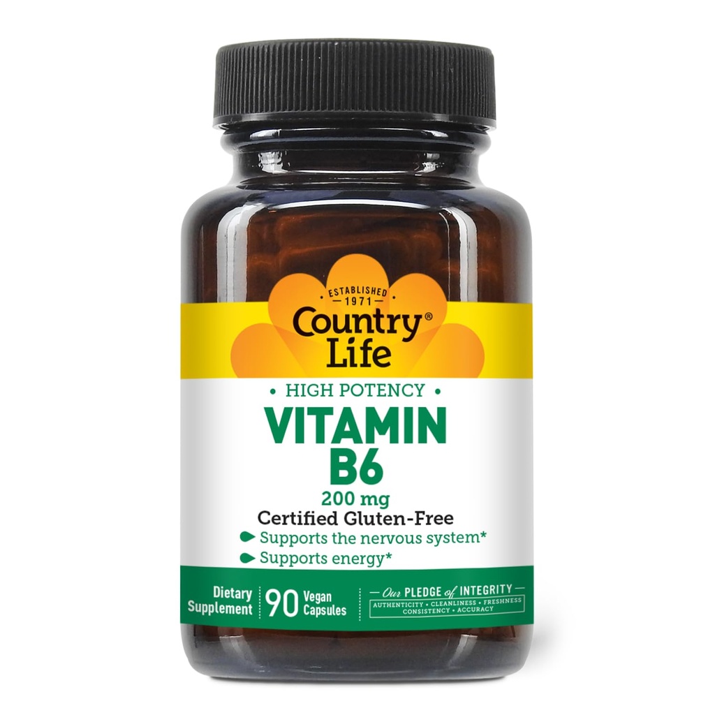 Country Life Vitamin B-6, Visoka moč, Podpira energijo in živčni sistem, 200mg, 90 Veganske kapsule, Certified Gluten Free, Certified Vegan, Certified Halal...