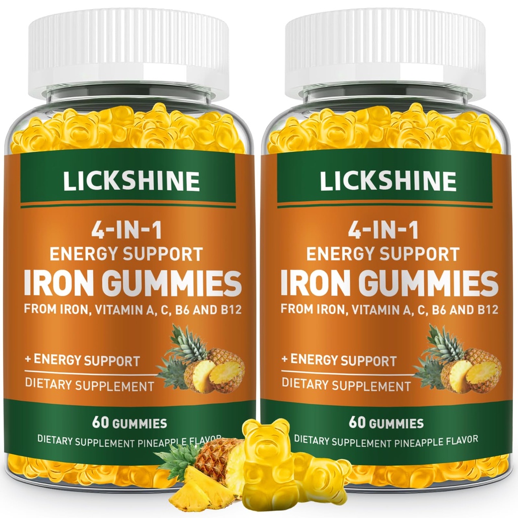 2 Pack Vegan 100MG Iron Supplement Gumies za ženske in moške - z vitaminom C, A, B za odrasle in otroke - energijska podpora za pomanjkanje železa, anemija - Ananas Flavor (120 Ct)