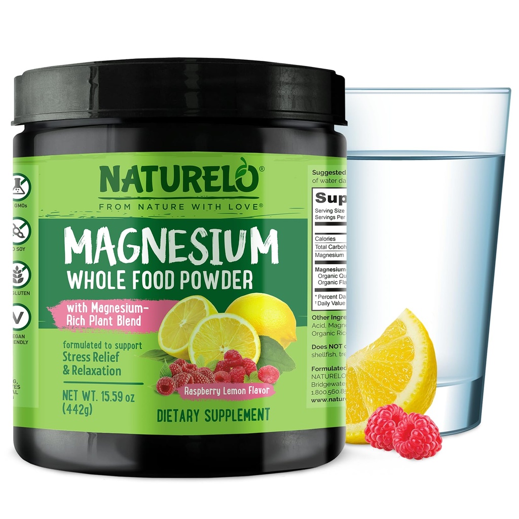 NATURELO Magnezij v prahu - Cela hrana miren magnezij v prahu z Quinoa, cvetača, & Laneno seme za stres Relief, malina Lemon 85 Servings, 15oz