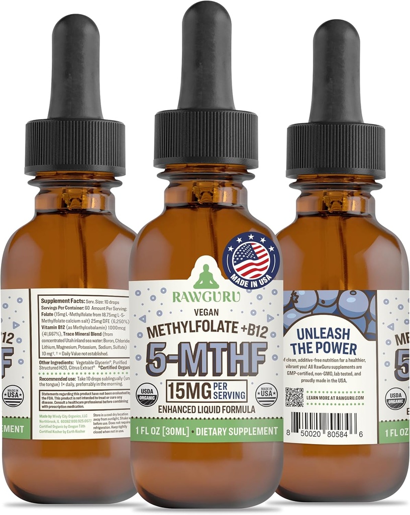 RawGuru L-metilfolat 15 mg + vitamin B12 - organski veganski metiliran B12 s sledljivimi minerali - nanopredeljena in izboljšana tekoča formula - 300 servingov Veganske kapljice na 30 ml, pakiranje po 1