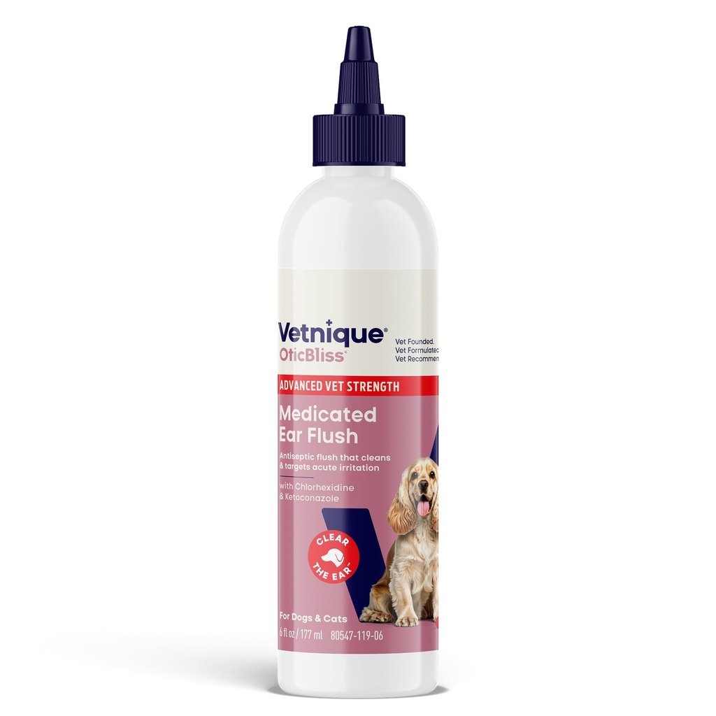 Vetnique Oticbliss Napredna moč Medicated Dog Ušesne okužbe Zdravljenje, Antiseptično čiščenje ušesa za Cat & Dog rešitev za čiščenje ušesa Klorheksidin & Ketokonazol (6oz Flush)