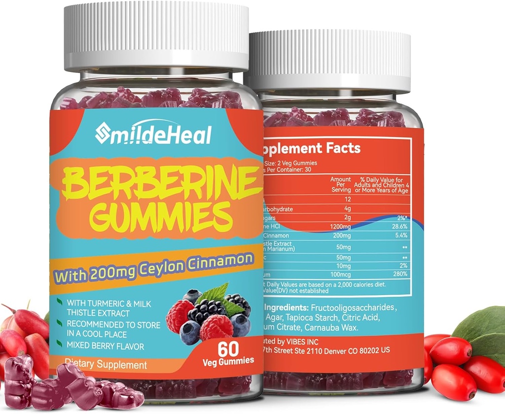 2 Pack Berberine Gumies 1200mg s Ceylon Cinamon 200mg, Izvleček in kurkuma mleka, Vegan Berry Flavor, Non-GMO, Želatina-free, Gluten-free, 120 Count