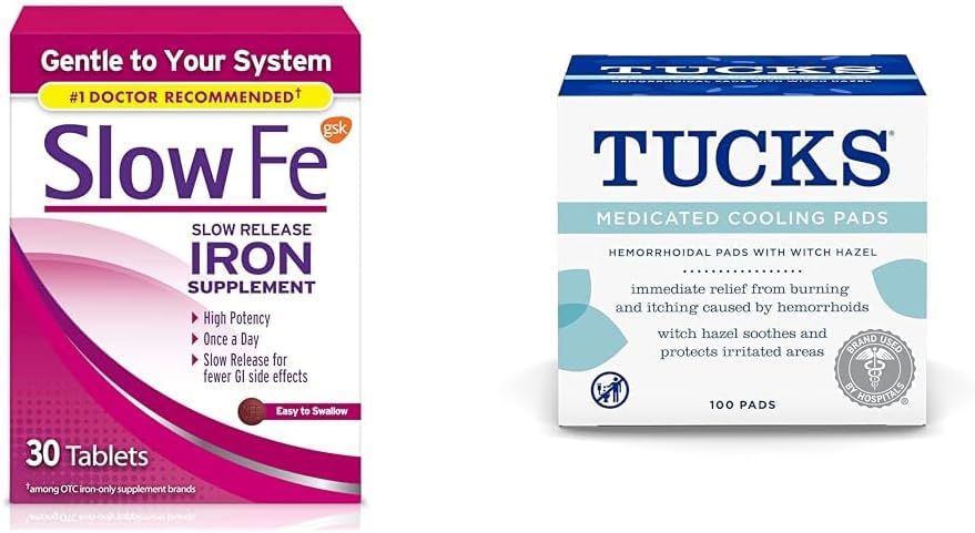 Slow Fe 45mg železni dodatek za tablete in tuki Medicated Cooling Pads za hemoroide, 100 Count