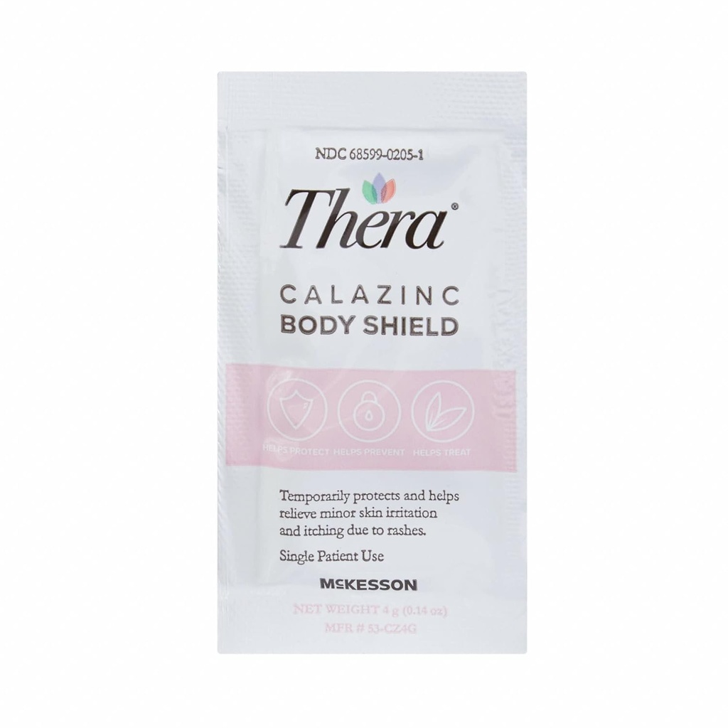 Thera Calazinc Body Shield, Calamin z cinkovo kremo [144 paketov skupaj] -Skin Barrier Mazilo za ekcema, psoriaza, Diaper izpuščaj - Posamezni paketi, 4 g Packet