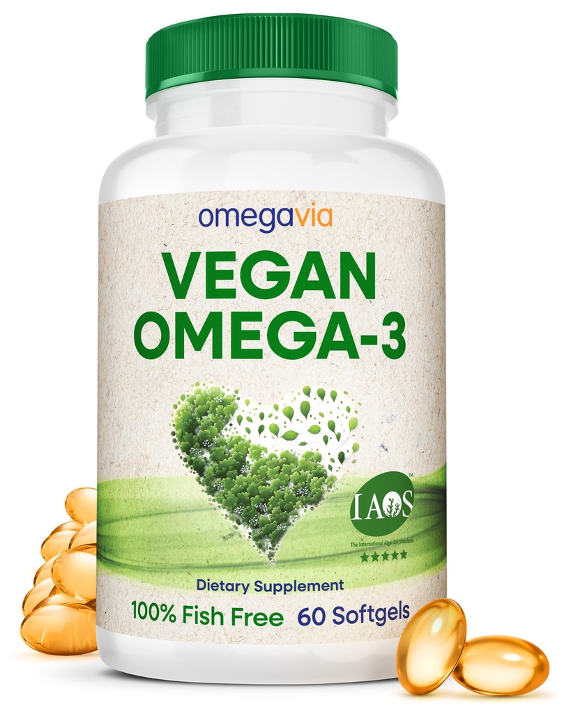 OmegaVia Vegan Omega 3 Dodatek, Algae Omega 3 Ribje olje Alternative, 300mg Vegan DHA Maščobne kisline, na osnovi rastlin, Planet in ocean prijazno, IAOS 5 Star Tested, 60 Softgels