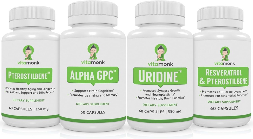 VitaMonk Resveratrol, Pterostilbene, Alpha GPC in Uridin Bundle - Dolgoživost in povečanje možganov Stack