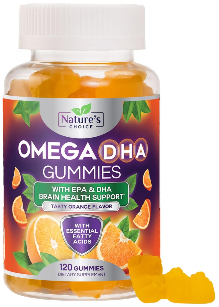 Omega 3 Ribje olje Gumies - Trojna moč Omega3 Gummy - DHA & EPA Maščobne kisline za zdravje srca, Joint & Brain Support, Narava je visoka absorpcija Omega ribje olje dodatek, Oranžna aroma- 120 Gumies