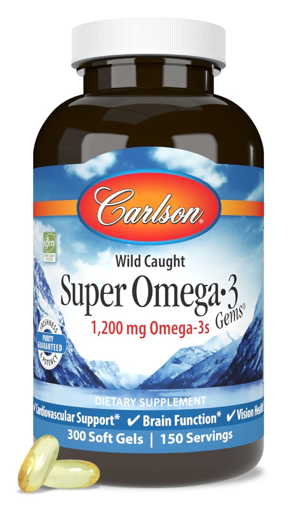 Carlson - Super Omega-3 Gems, 1200 mg Omega-3 Maščobne kisline z EPA in DHA, Wild-Ought Norveški ribje olje dodatek, trajno pridobljene kapsule 300 Softgels
