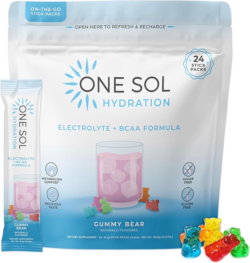 One Sol BCAA & Elektrolit Powder for Hydration & Energy, All-Natural Formula, 100% Vegan, Non-GMO, Gluten Free & Soy-free, spodbuja mišično rast in okrevanje, Gummy Bear Flavor