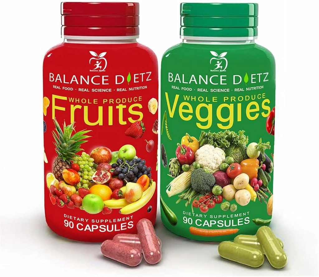 Fruits and Veggies Supplements, 90 Fruit Capsules and 90 Veggies Capsules, Whole Food Supplement with Fruits and Vegetables for Women, Men and Kids| Set of 1
