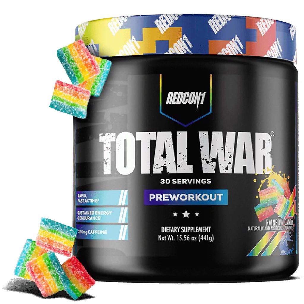 REDCON1 Total War Pre Workout, Rainbow Candy, L Citrulin, Malikova kislina, List zelenega čaja Extract za črpalko pred vadbo za ženske in moške - 3.2g Beta alanina za zmanjšanje izčrpanosti, 30 Servings