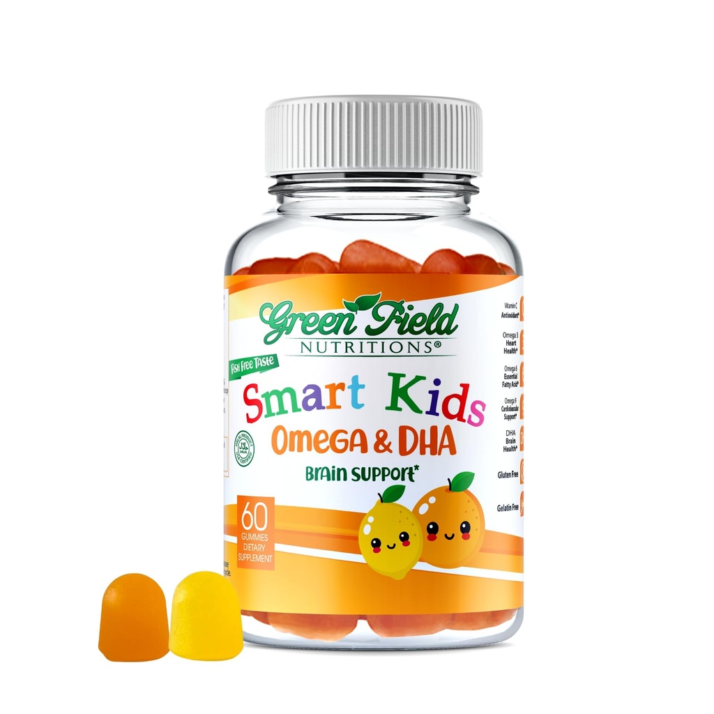Greenfield Nutritions Smart Kids Halal Omega 3 Gumies with DHA - 60 Halal Vitamini za otroke, Podpira zdravje možganov in imunskega sistema - Vegan, Non-GMO, Gluten, Gelatin-free in arašid-free Halal Gummy Vitamini