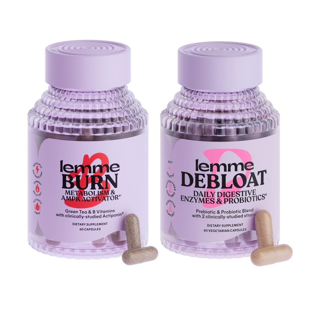 Kapsule Lemme Burn & Debloat - Presnova in kurjenje maščob + Kapsule za napihnjenost in plin Relief, probiotiki in prebiotiki - Gluten prost, ne-GMO - 60 Ct. vsak