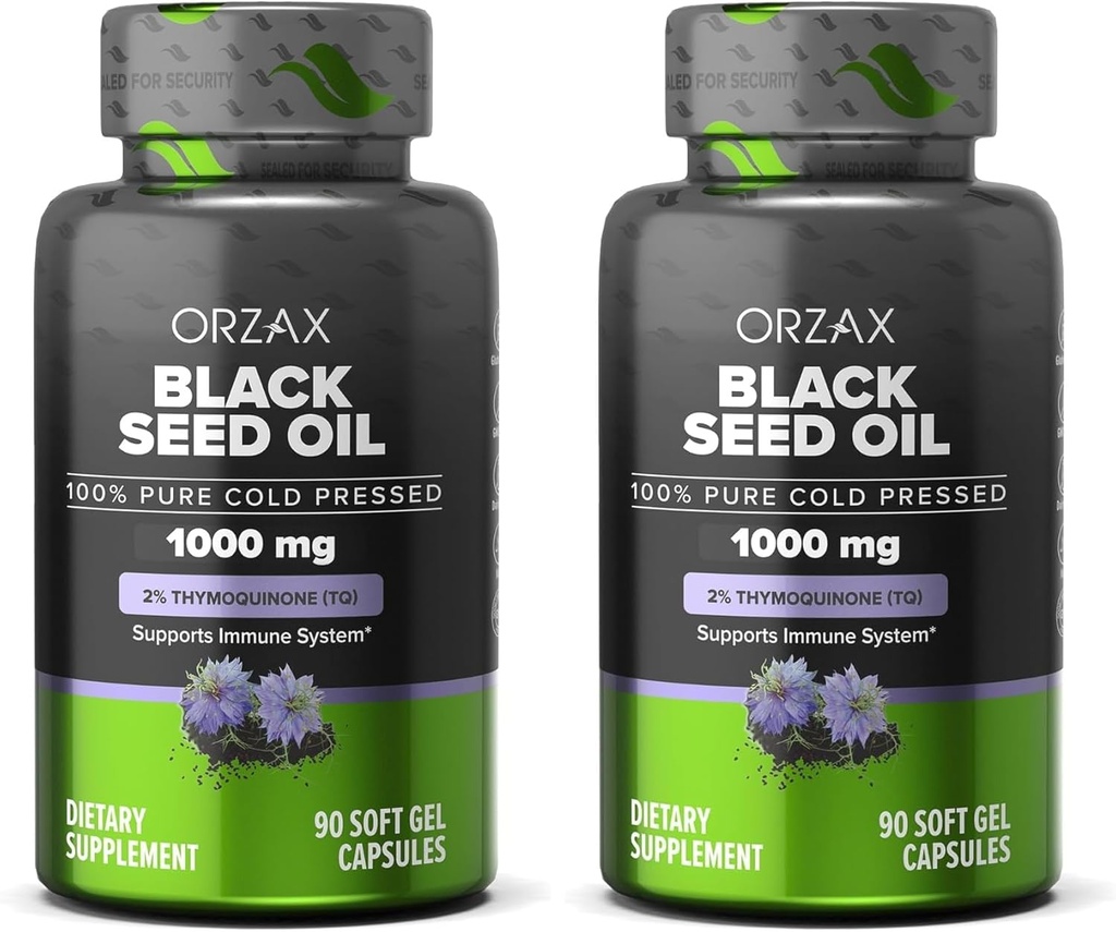 Olje črnega semena ORZAX 1000 mg Kapsule za lase, kožo in sklepe z organskim hladnim stiskanjem - bogato z omega 3 6 9 - brez glutena (90 mehkih gel kapsul) (paket po 2)