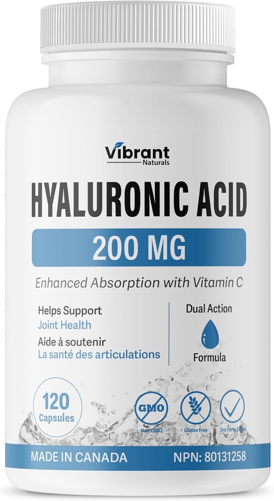 Hyaluronic Acid dodatek 200mg - 120 Kapsule, z vitaminom C 100mg, Joint & Skin Health, Non-GMO Fermentation, Gluten Free, tretja stranka testiran, Biorazpoložljiva formula