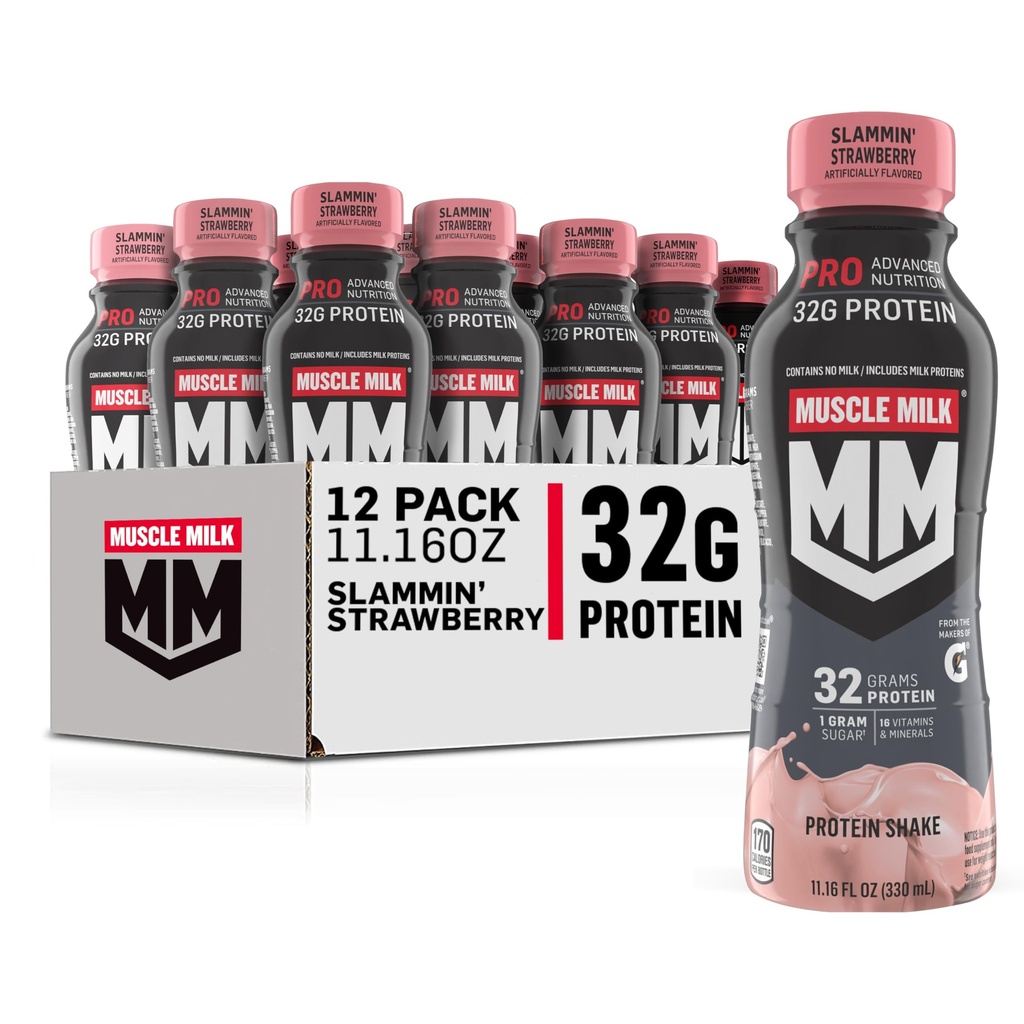 Muscle Milk Pro Advanced Nutrition Protein Shake, Slammin' Jagoda, 11.16 Fl Oz (Pack of 12), 32g beljakovine, 1g sladkor, 16 Vitamini in minerali, 5g Fiber