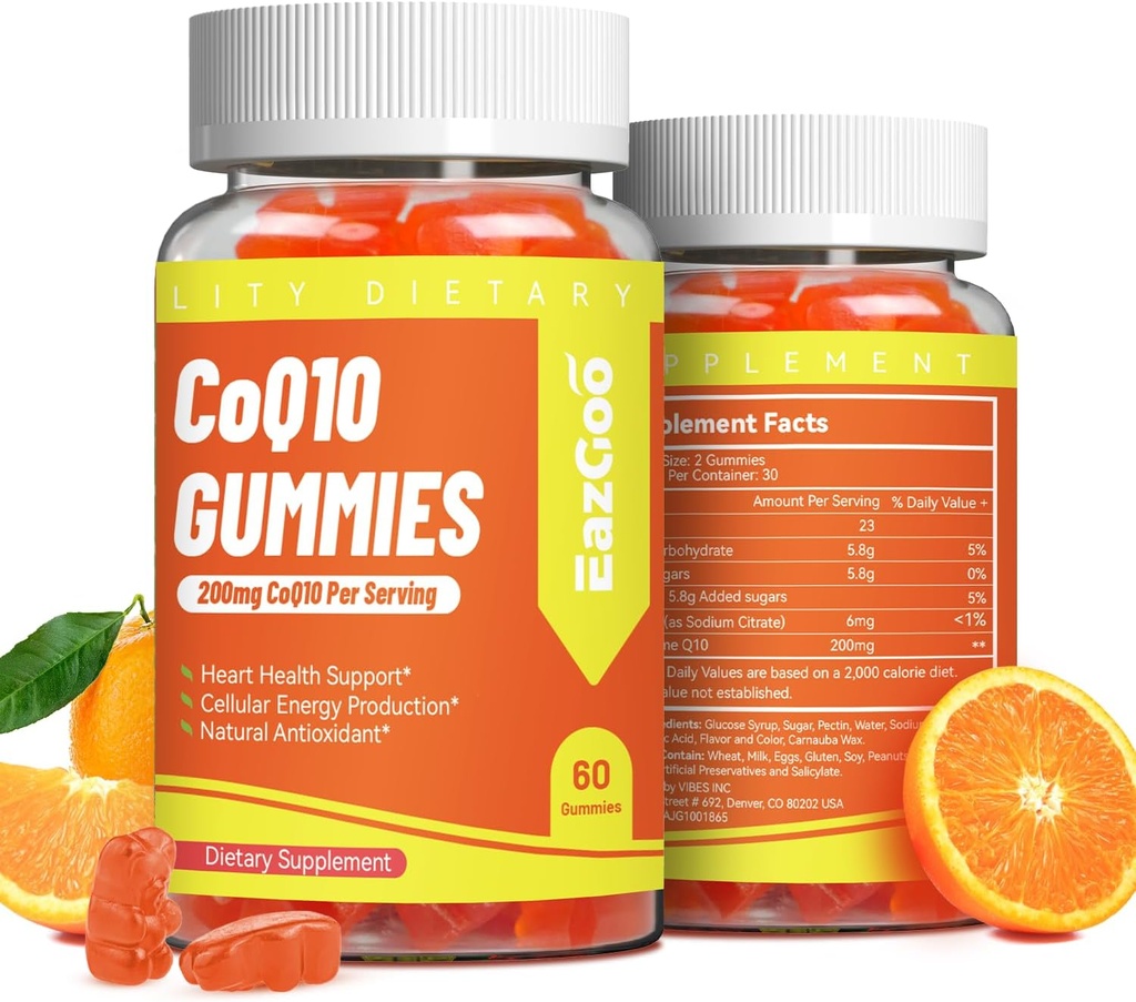 CoQ10 Gummies 200mg, Veganski dodatek za proizvodnjo energije, ne-GMO, Gluten brezplačno (120 Gummies)