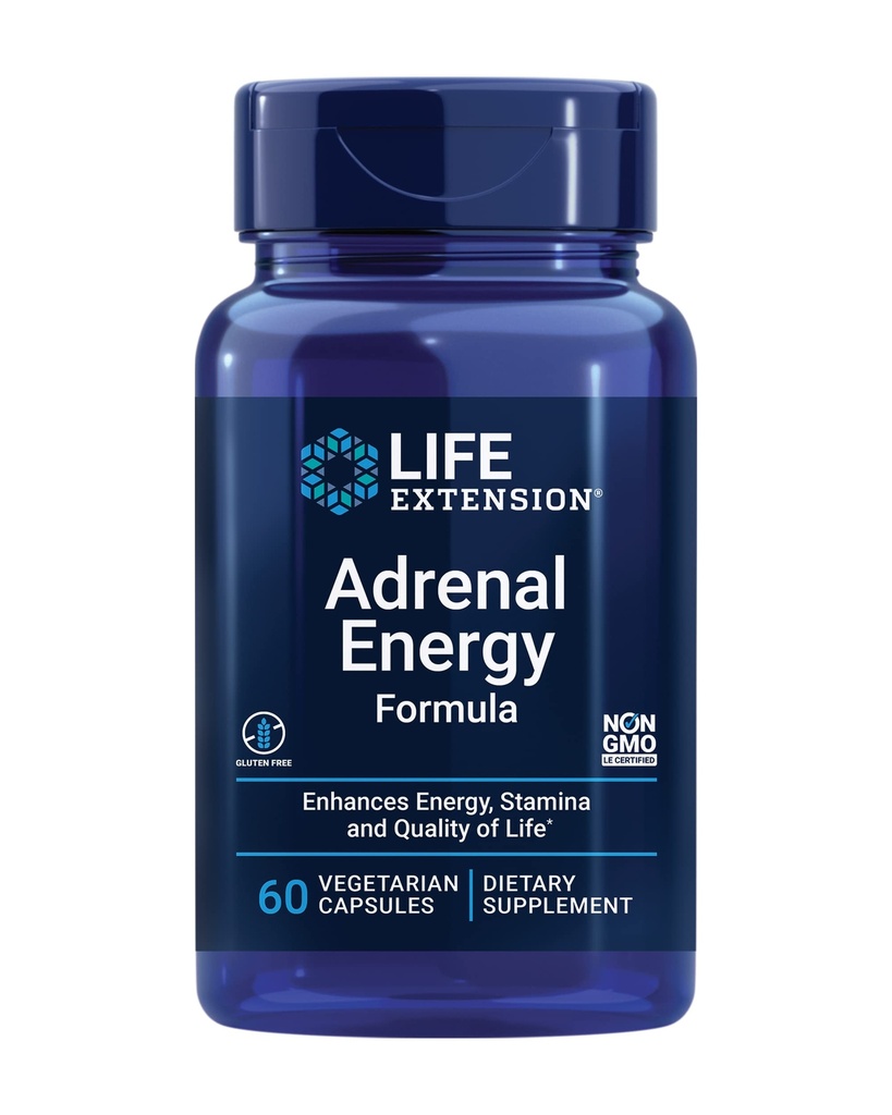 Life Extension Adrenal Energy Formula, Pomoč zavre učinke stresa, sveti Bazilij, kordyceps, bacopa in ashwagandha, Gluten Free, Non-GMO, Vegetarian, 60 kapsul