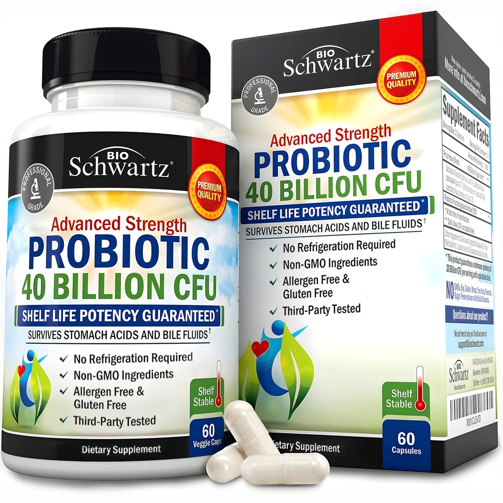 BioSchwartz Daily Probiotic Nutritional Supplement - 40 milijard CFU za Gut Health - Probiotiki za moške in ženske - Prebavno zdravje z Astragalus & Lactobacillus - Rokavice Stable - 60 Count