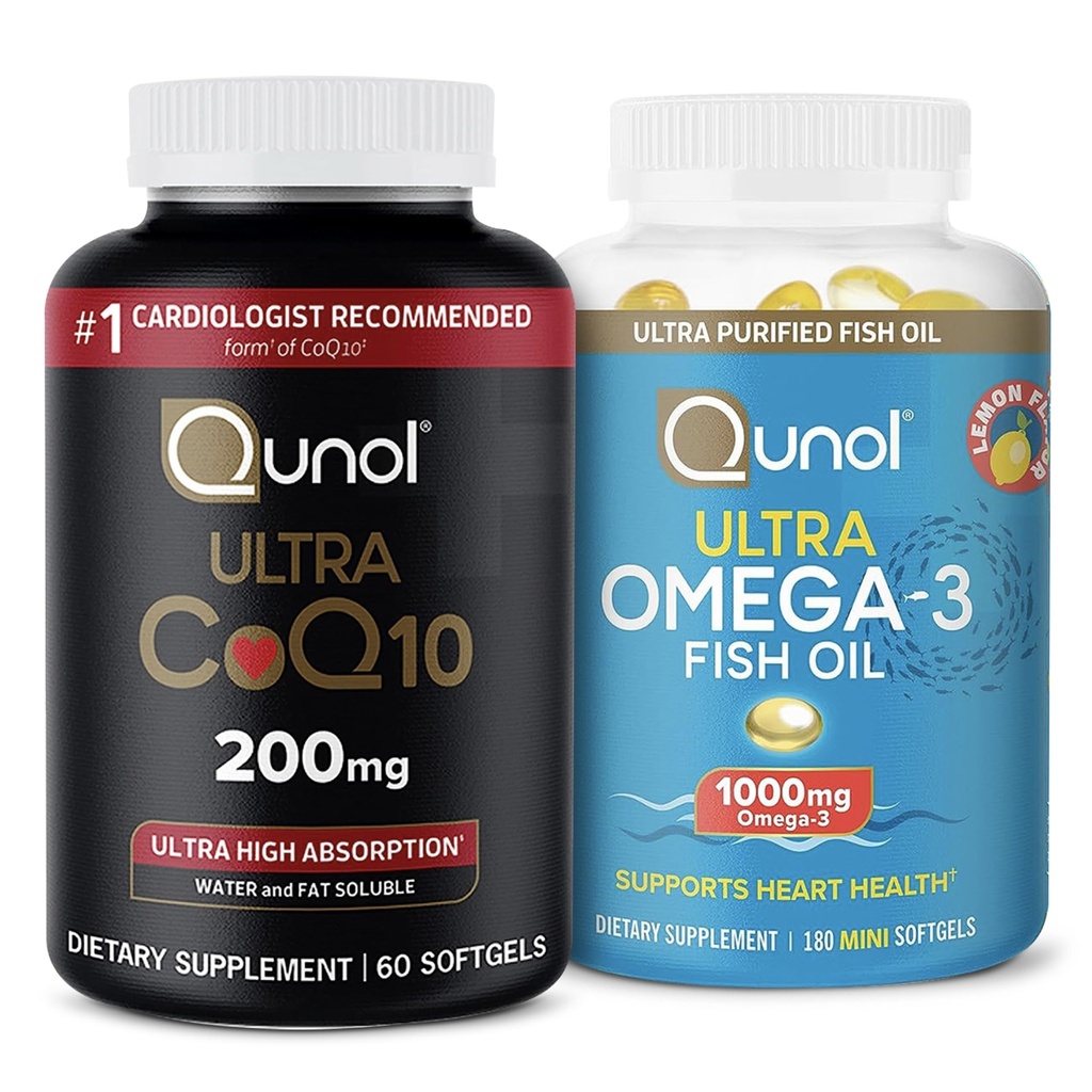 Qunol CoQ10 100mg Softgels, 3X boljša absorpcija, 4 Mesec dobave, 120 Število + Ribje olje Omega 3 Mini softgels, 1000mg Omega 3 EPA + DHA, 3 Mesec dobave, 180 Število