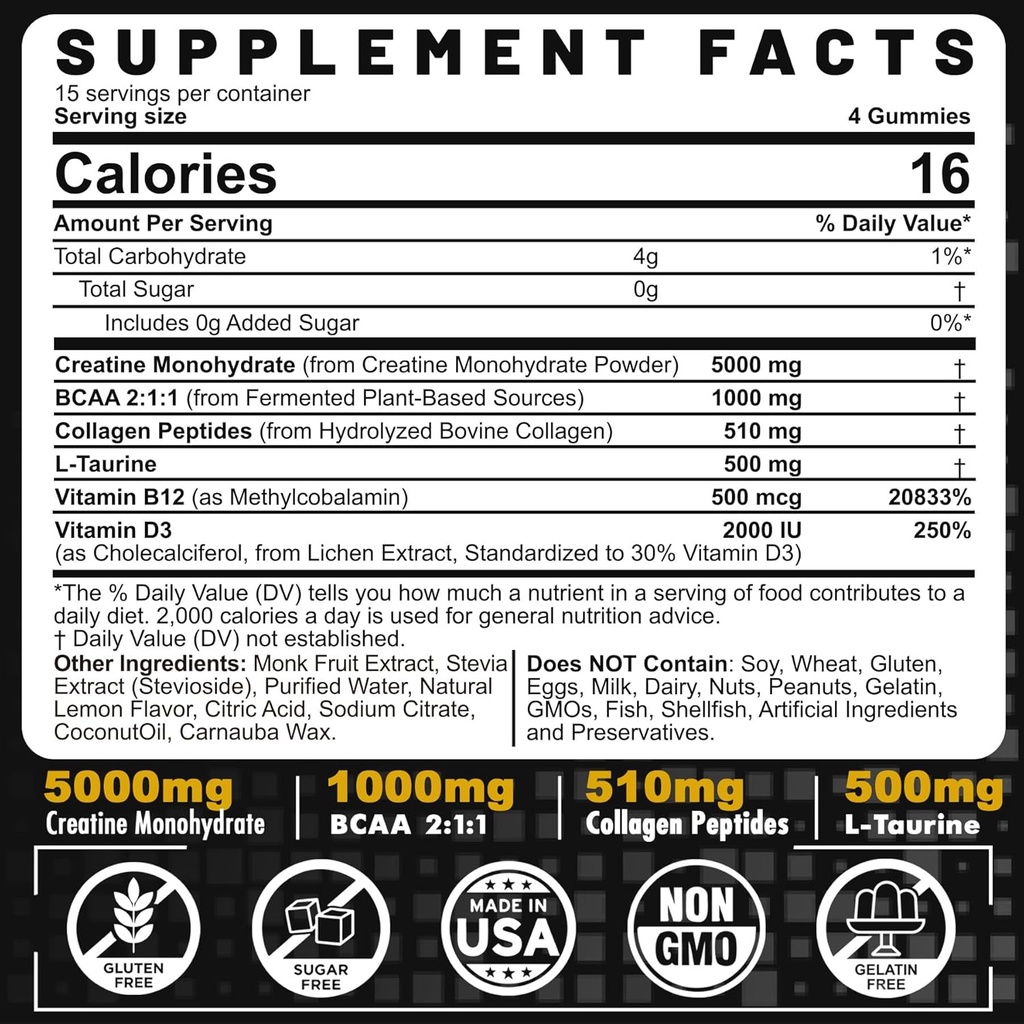 Moški in ženski kreatin Monohidratni kompleks, 6 v 1 žvečljivi predworkout kreatin z BCAA, kolagen peptidi, L-tavrin, 15 servingov, naravna limonina aroma - 60 število (paket po 1)