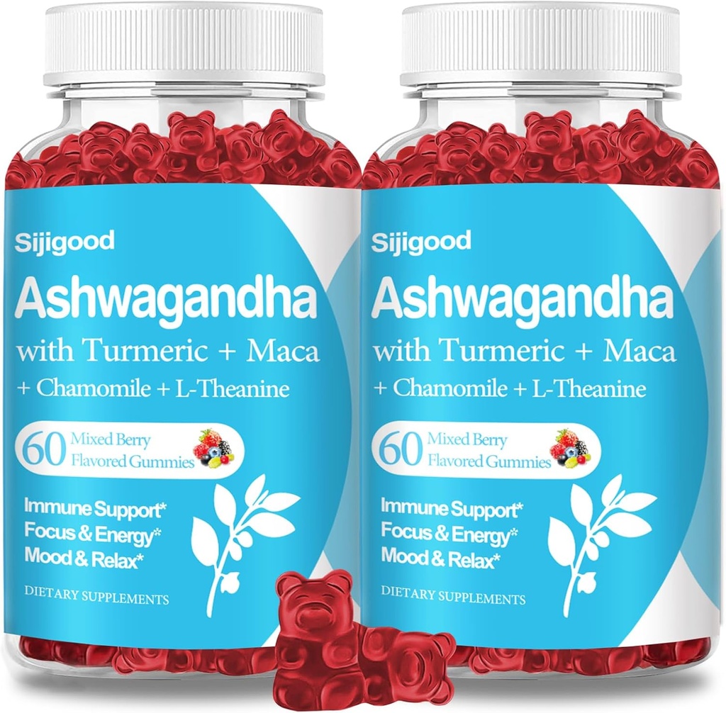2 Pack Ashwagandha Gummies z L-teanin, Ashwa Root dodatek Gummy za ženske moške, 120 Mešane jagode arome Gummies
