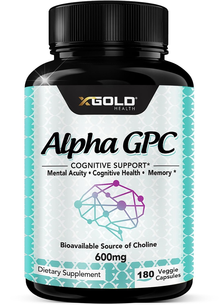 Alpha GPC Choline dodatek 600mg, 99%+ Visoko prečiščen, zelo biorazpoložljiv vir holina,180 Veggie kapsule, kognitivni pospeševalec Nootropic, podpira spomin in možganske funkcije, krepi fokus in razpoloženje