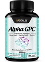 Alpha GPC Choline dodatek 600mg, 99%+ Visoko prečiščen, zelo biorazpoložljiv vir holina,180 Veggie kapsule, kognitivni pospeševalec Nootropic, podpira spomin in možganske funkcije, krepi fokus in razpoloženje