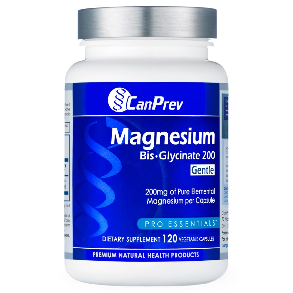 CanPrev Magnezij Bis-Glycinate Gentle 200mg, 120 V-kap 120-dnevno dobavo - Čisti osnovni magnezijev dodatek, Podpira funkcije kosti in mišic, Nežen na želodec, Kot nalašč za dnevne potrebe magnezija