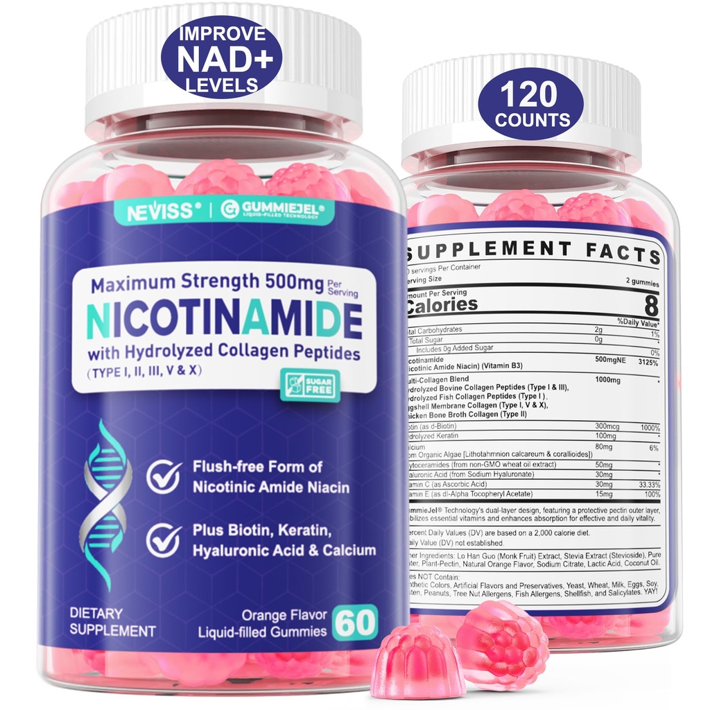 2 pakiranji – nikotinamid 500 mg gumijevke, NAD+ dodatek za ženske in moške w/ Collagen peptide, (Flush Free Niacin) Vitamin B3 Niacinamid za preprečevanje staranja, NAD+ Ravni, dolgoživost, osredotočenost in možgani, brez sladkorja