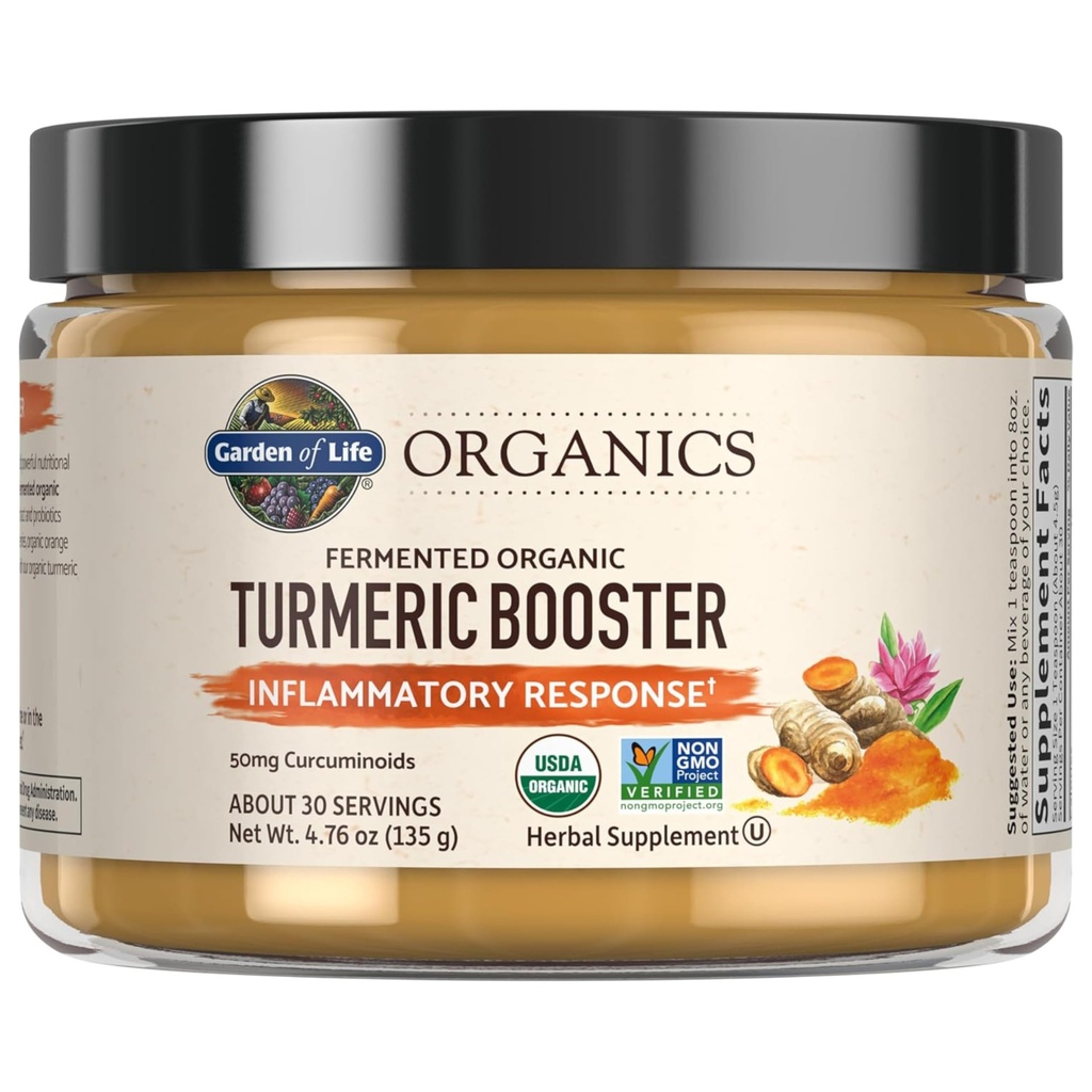 Vrt življenja Organics Turmeric Booster Inflammatory Response Powder - 30 Servings, 50mg kurkumin (95% kurkuminoidi) & probiotiki, Organski ne-GMO Vegan & Gluten Free Zeliščni dodatki