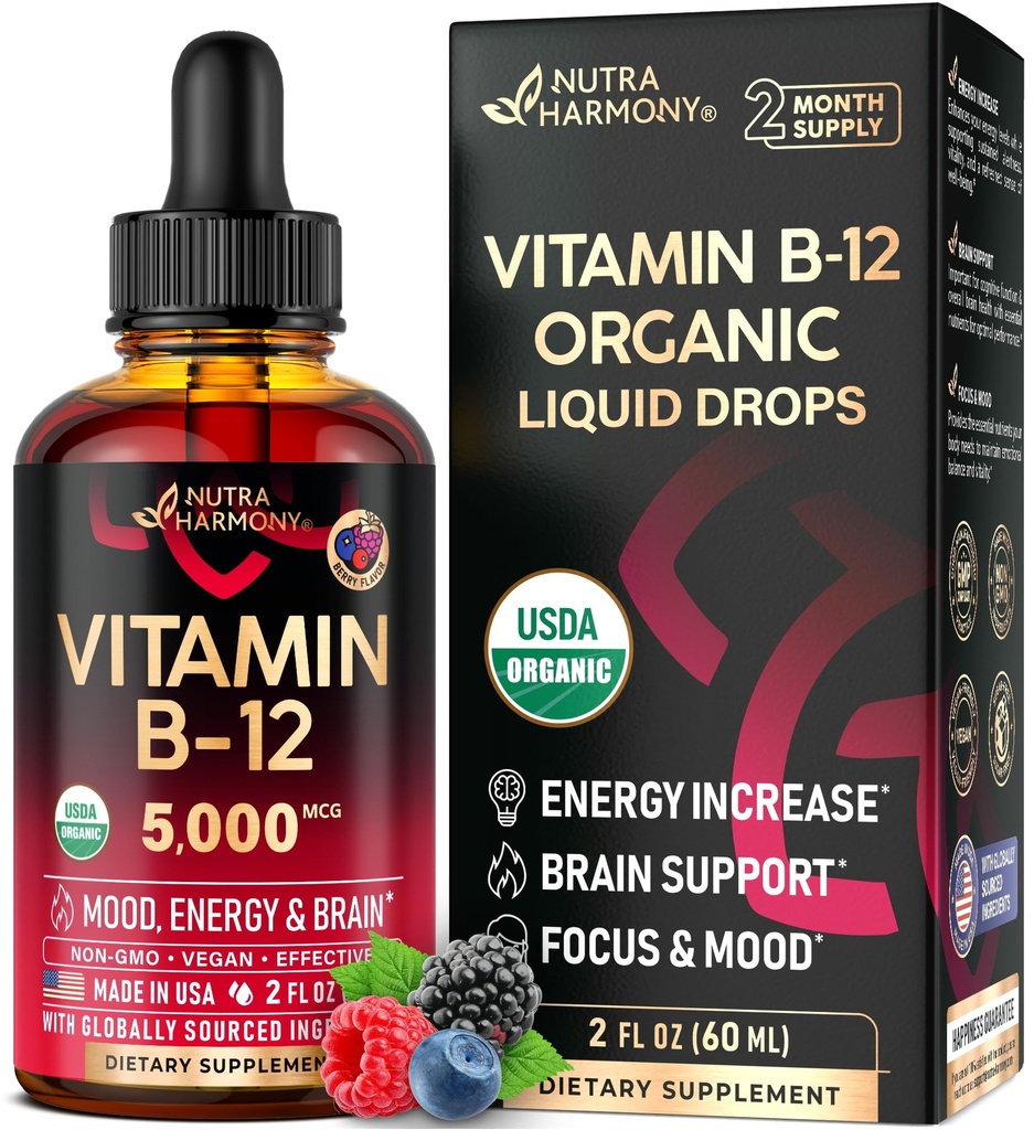 USDA Ekološki vitamin B12 Podjezične kapljice - 5000 μg Tekoči veganski metilkobalamin za ženske in moške - energijska spodbuda, fokus & razpoloženje, podpora za zdravje možganov - čim večja absorpcija - 2 meseca oskrba, 2 fl