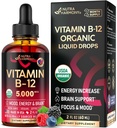 USDA Ekološki vitamin B12 Podjezične kapljice - 5000 μg Tekoči veganski metilkobalamin za ženske in moške - energijska spodbuda, fokus & razpoloženje, podpora za zdravje možganov - čim večja absorpcija - 2 meseca oskrba, 2 fl