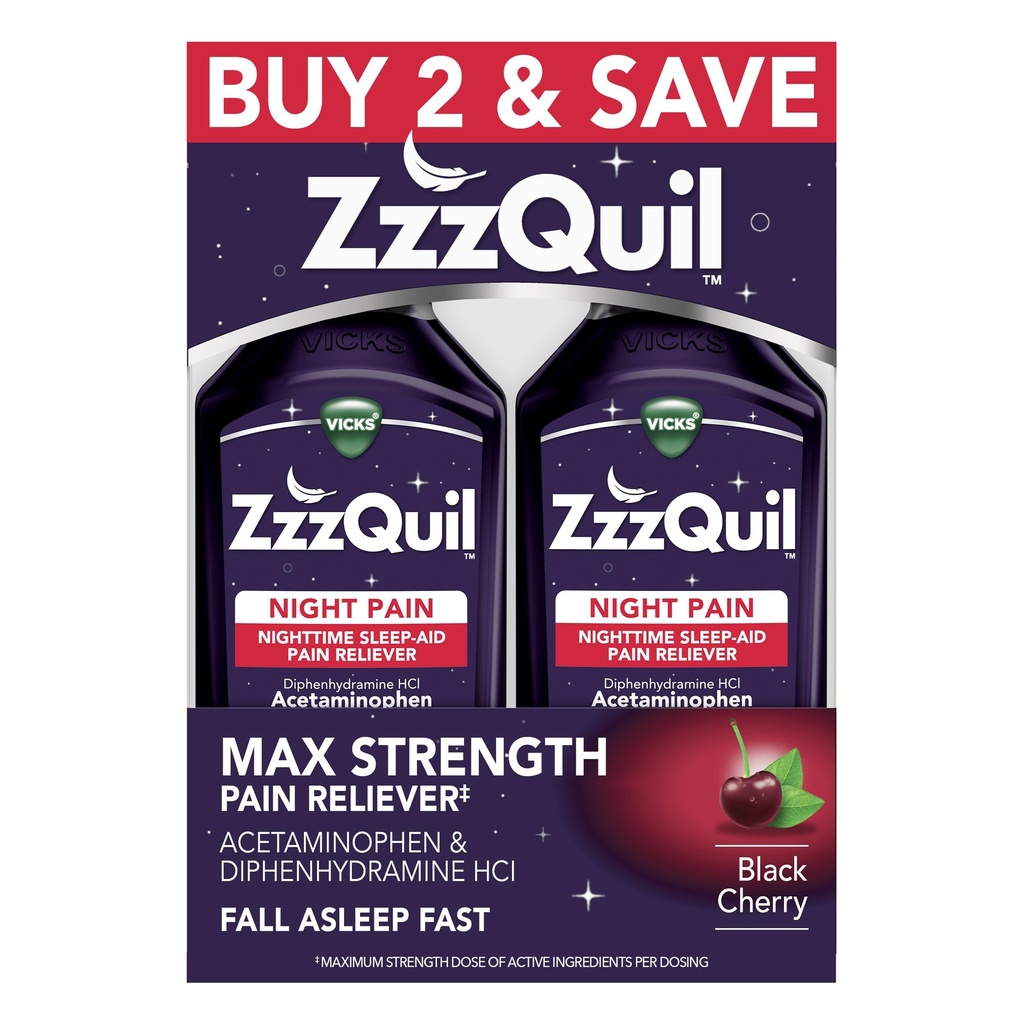 ZzzQuil Liquid Max Strength Pain Reliever, Night Time Sleep Aid Liquid, Acetamofen 1000mg, Difenhidramin 50mg HCI, Ne-Habit Oblikovanje, Črna Cherry aromated, 2 Pack, 24 FL OZ