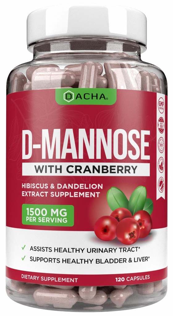 Naravne D-mannoze Kapsule 4- v-1 Formula - 120 CAPS, 1500 MG brusnice, Dandelion, Hibiscus cvet Extract, tablete za podporo Bladder in sečni trakt zdravje