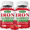 2 Pack železove žvečilke za ženske in moške - Veganski železov dodatek za anemijo in pomanjkanje železa, z vitaminom B12, vitamin C, cink, Folat - energijsko povečanje, brez sladkorja, jagodne arome, 120 Count