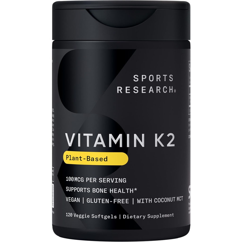 Športne raziskave Vitamin K2 kot MK-7 100mcg s Coconut MCT olje - 120 Veggie Softgels (4 mesec dobave) Vegan Certified, Non-GMO preverjen, Gluten & Soy Free