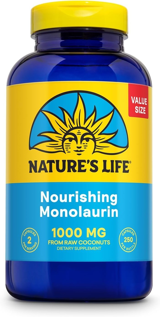 Življenje narave Monolaurin 1000 mg, Hranilni monolaurin iz naravnega surovega kokosa, Imunska podpora dodatek, Gut Health, Uravnotežena gut Flora, 60-dnevno garancijo, 125 Serving, 250 vegetarijanske kapsule