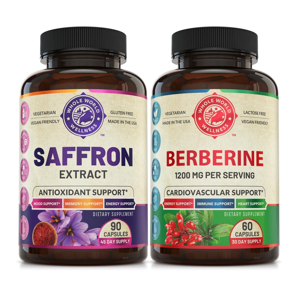 Pure Saffron Extract & Premium Berberine paket (ena steklenica vsak). Podpira Mood, Energy Boost, Metabolic funkcijo. USA Made.