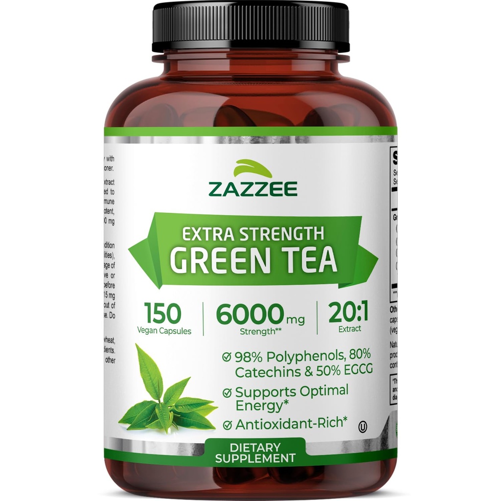 Zazzee Extra Strength Green Tea 20:1 Extract, 6000 mg Jakost, 50% EGCG, 98% polifenoli in 80% Catcehins, 150 Veganskih kapsul, 5 mesecev dobave, standardizirana in koncentrirana 20X jakost, ne-GMO