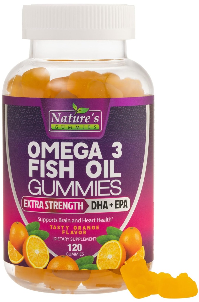 Omega 3 Ribje olje Gumies, srce zdravo Omega 3 Gummy dodatek z visoko absorpcijo DHA & EPA, Dodatna moč Joint & Brain Support, Okusno Orange aroma ribje olje Naravni vitamin - 120 Gumies