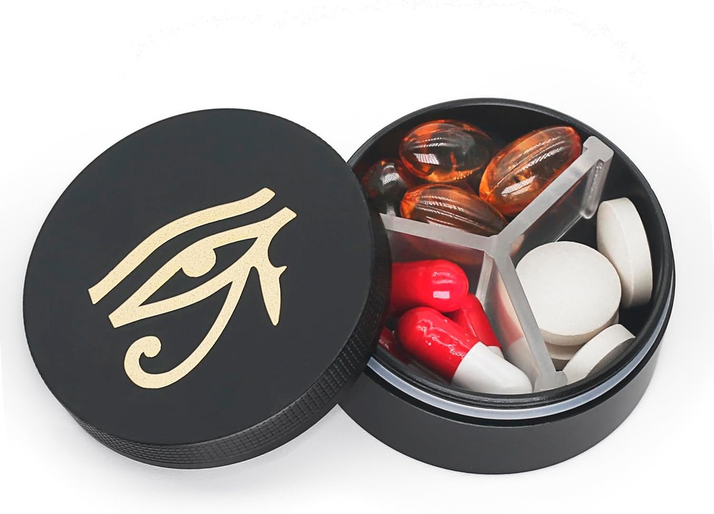 Primer majhne tablete 3 predelki, Metal Round Prenosne tablete Box, vodoodporne tablete Organizator, Pocket Purse Medicine Vitamin Imetnik EDC vsebnik (črna z očmi)