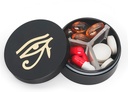 Primer majhne tablete 3 predelki, Metal Round Prenosne tablete Box, vodoodporne tablete Organizator, Pocket Purse Medicine Vitamin Imetnik EDC vsebnik (črna z očmi)