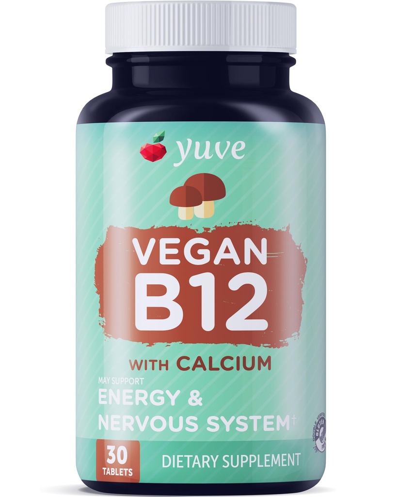 Yuve Vegan B12 s kalcijom za maksimalno absorbcijo - podpora aktivni energiji in centralnemu živčevju - 1000mcg Kobalamin Vitamin B 12 - naravni, ne-GMO, gluten-free, sladkor-free - 30 Tabs