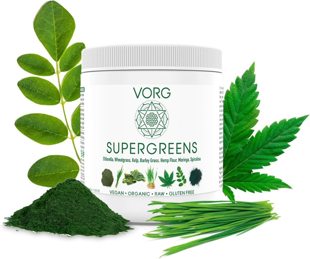 VORG SuperGreens - #1 Zelena Superfood prašek s klorelo, ječmenovo travo, Moringa, Kelp, Spirulina, pšenična trava - 100% organska - probiotiki, fiber in encimi (1 tedenska zaloga)