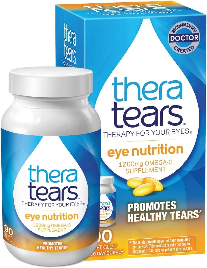 TheraTears 1200mg Omega 3 Dopolnilo za prehrano oči, organsko laneno trigliceridno ribje olje in vitamin E, 90 Število