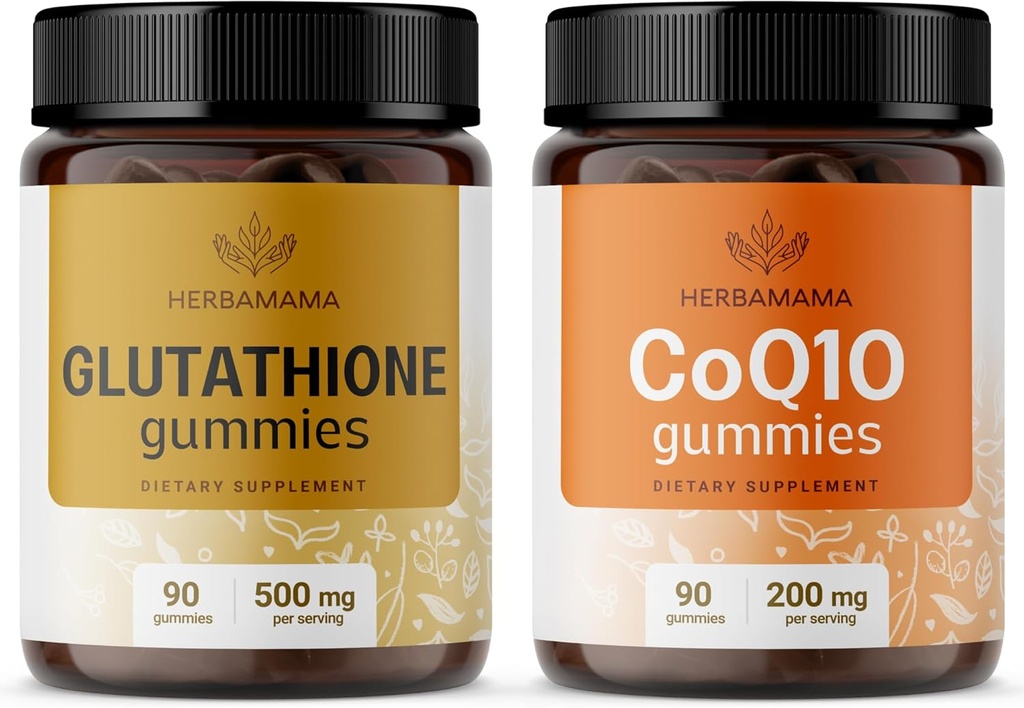 HERBAMA Glutation in CoQ10 Kit - paket 500 mg zmanjšanega L-glutationa in 200 mg CoQ10 Gumies - Vegan, ne-GMO, želatina-free - 2 paket