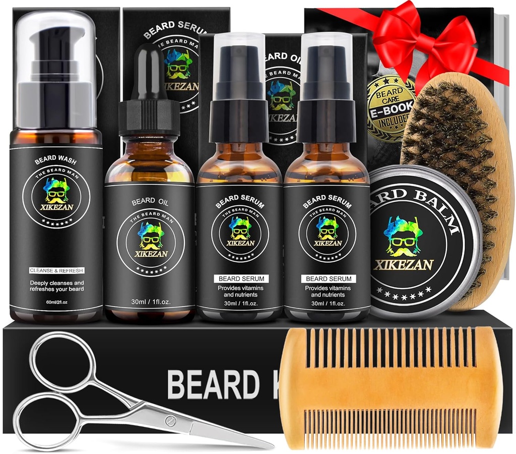 XIKEZAN Beard komplet za moške Komplet za urejanje in nego w/2 Pack Beard Serum, Wash, Oil, Balm, Comb, Brush, Škarje, Bag, EBook, Unikatna rojstnodnevna darila za moške