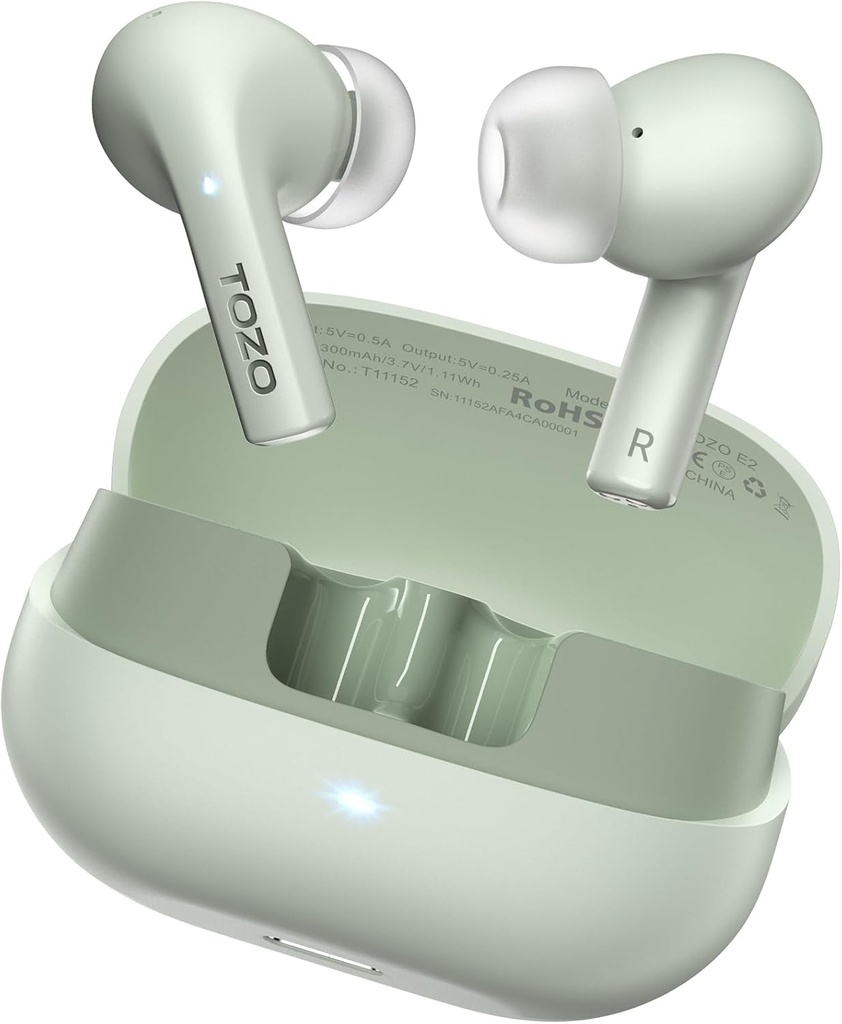 TOZO E2 Brezžične slušalke z 2 mikrofoni AI Odpoved klica, 10mm vozniki z zmogljivo bas, App Prilagodite 32 EQs, 30H Playtime, Bluetooth 5.3 Ušesni Budi, Comfort Fit in-Ear slušalke
