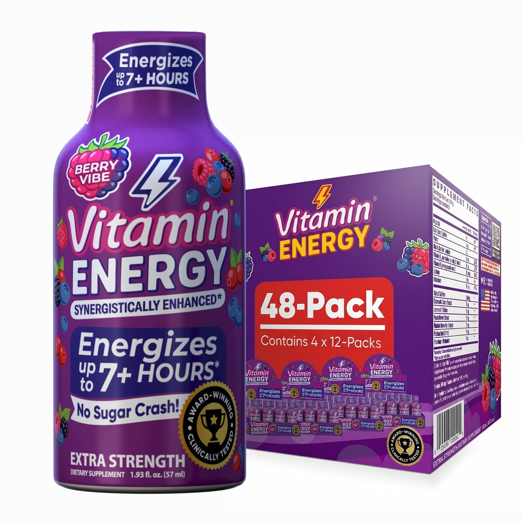 Vitamin Energija Mood+ Ekstra Energija Shot Tropical Berry 48 Pack, 260mg Naravni kofein, B-Vitamini, Rhodiola, Kamilica, Mood & Energy Podpora, Nič sladkorja, Gluten-free, Vegan, 1,93 fl oz